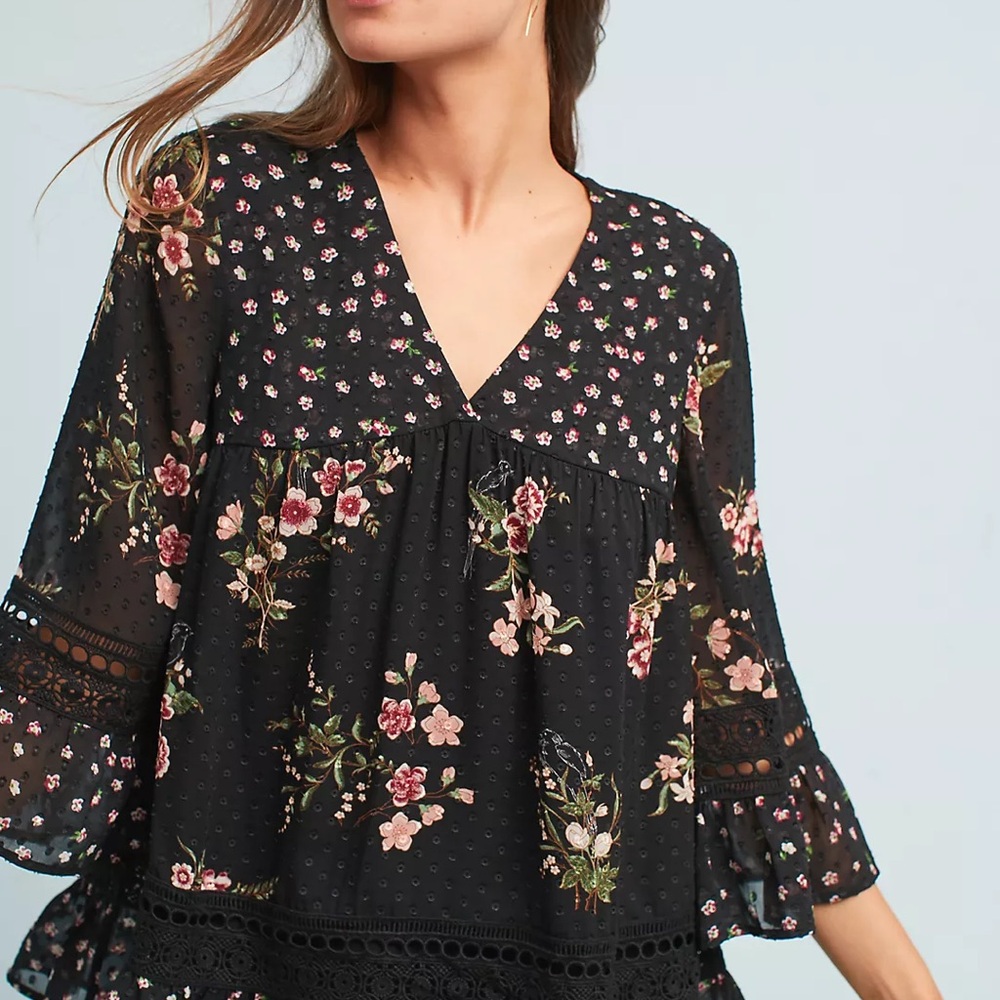 Anthropologie Maeve Floral Black Blouse Steffy Bell-Sleeve Blouse